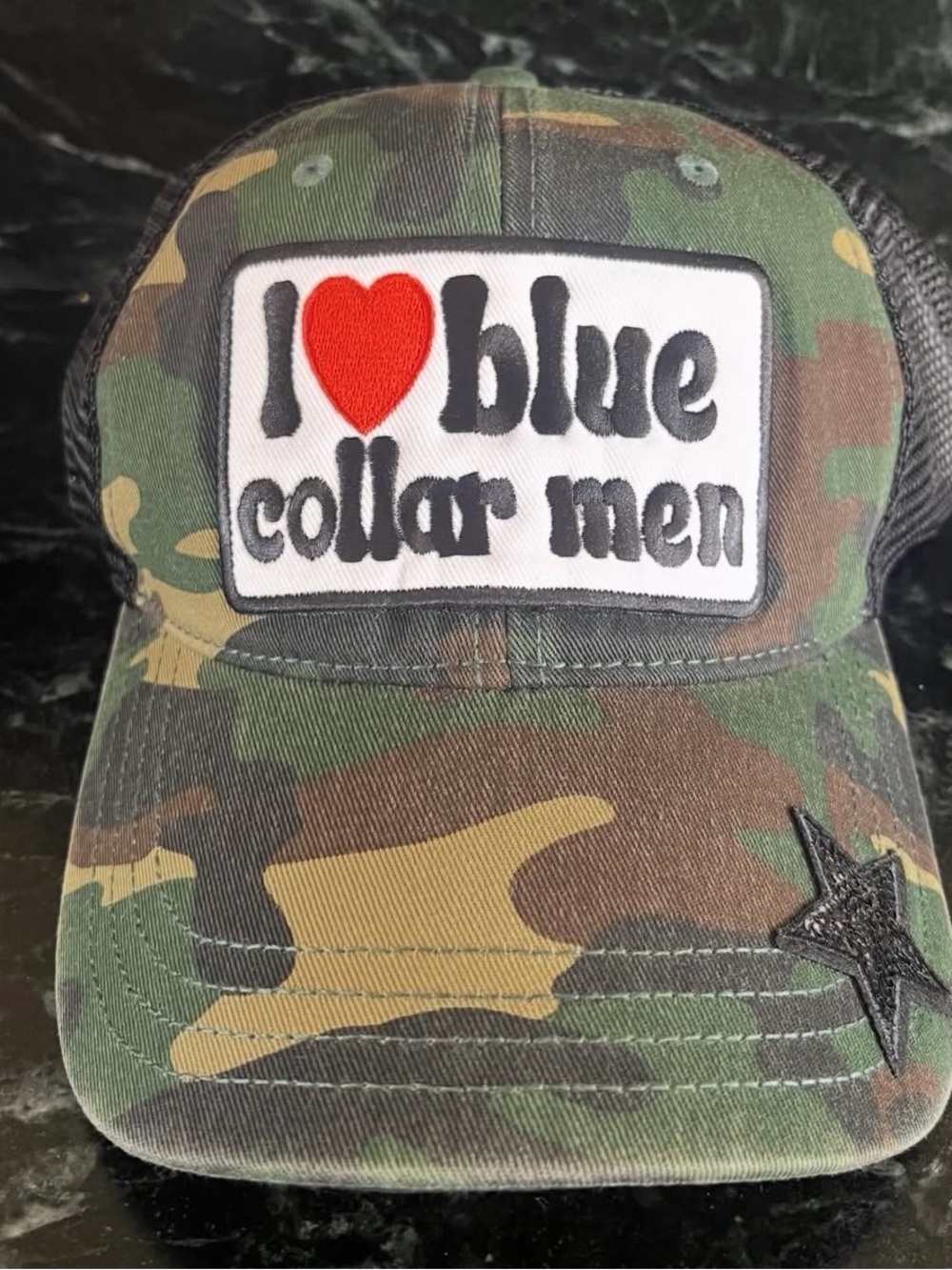 Camo Trucker Hat with "I ♥ blue collar men" Patch